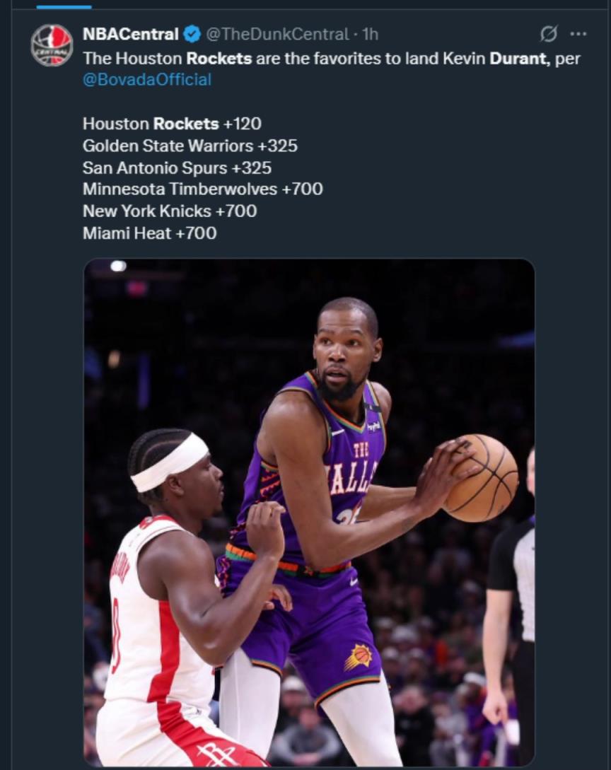 難道說(shuō)？美媒曬杜蘭特下家賠率，火箭大幅度領(lǐng)跑！